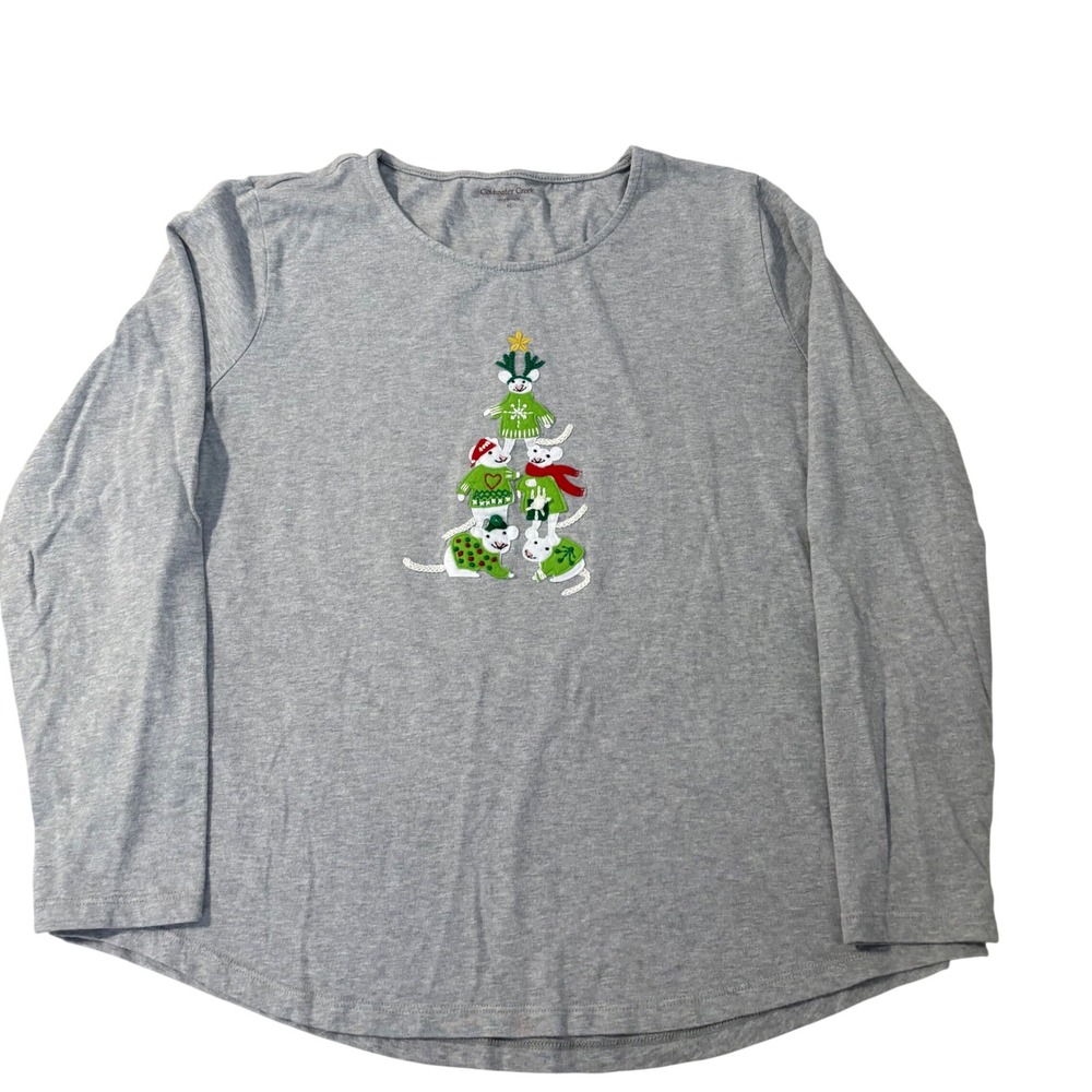 Coldwater Creek Christmas Mice Tree Embroidered Gray Long Sleeve Tee XL Holiday